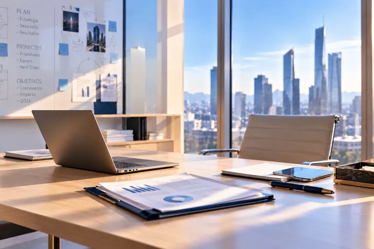 Mesa de trabajo con informes y vistas a la ciudad